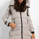 Grey Mid Length Zip Hooded Puffer Coat