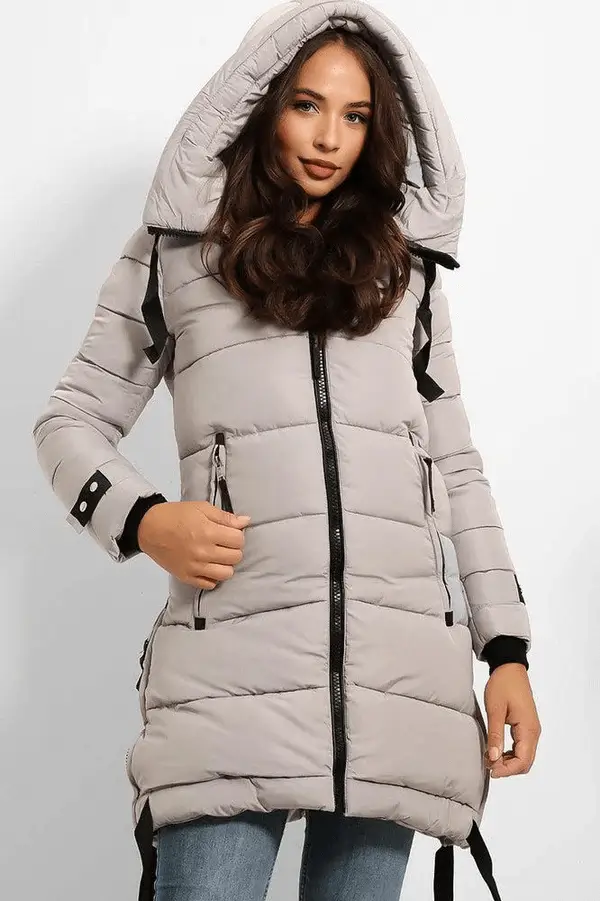 Grey Mid Length Zip Hooded Puffer Coat