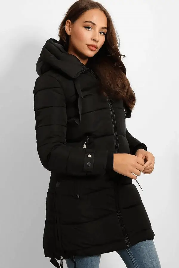 Mid Hooded Puffer Coat with Zip Black