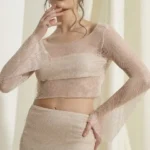 Boat Neck Net Top and Skirt Set Beige