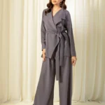 Gray Wrap Blouse and Straight Trousers Set