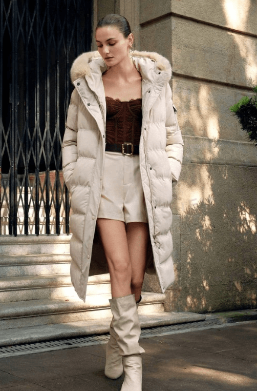 Long Quilted Cotton Fluffy Collar Beige Padded Coat