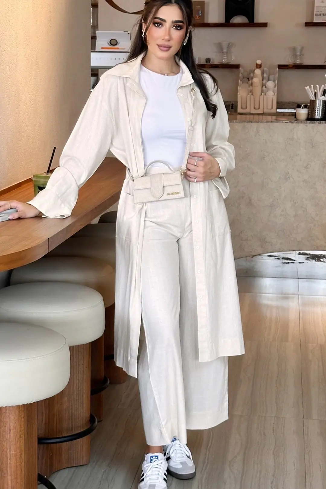 Cream Woolen Coat with Lantern Sleeves