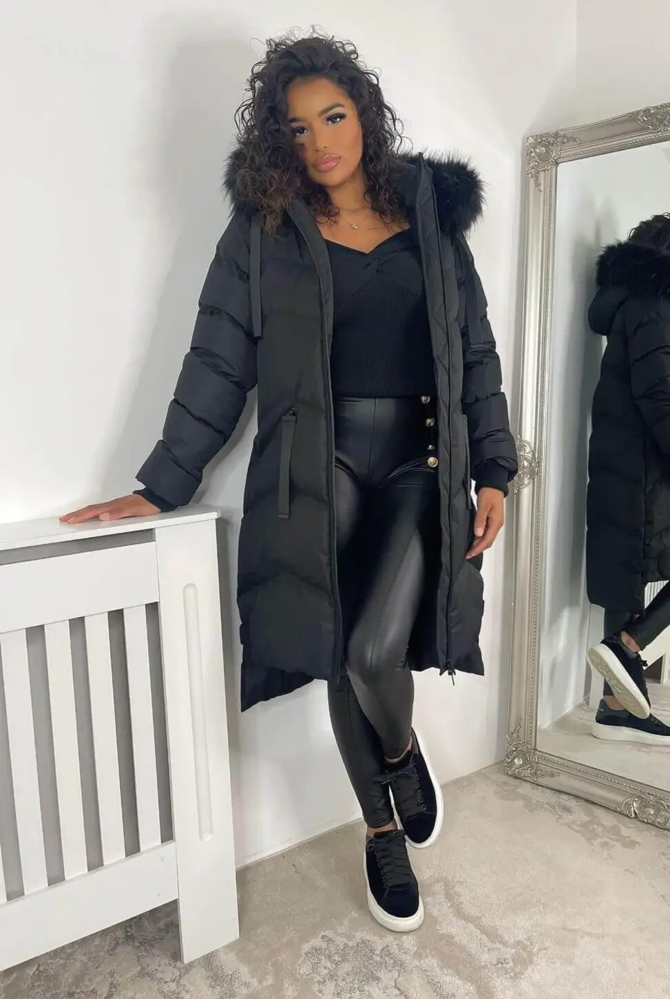 Warm Long Black Fur Hooded Padded Coat