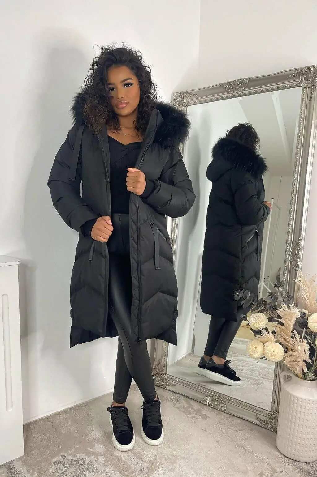Warm Long Black Fur Hooded Padded Coat