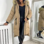 Stylish Long Camel Fur Hooded Padded Coat
