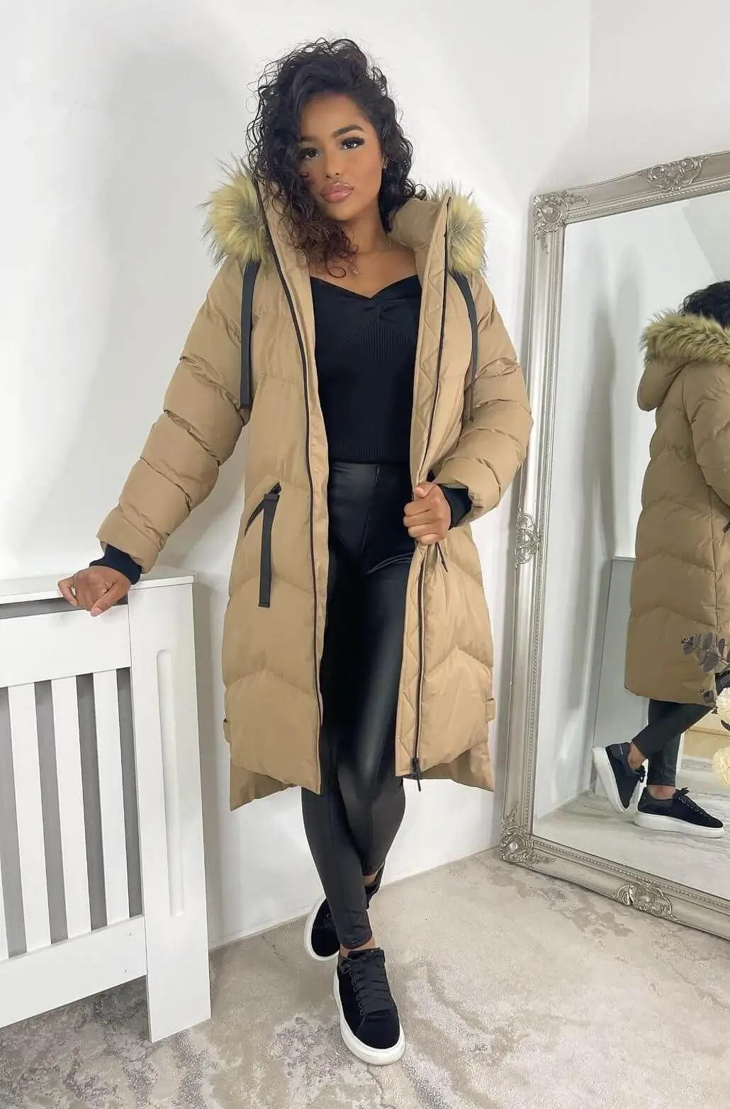 Stylish Long Camel Fur Hooded Padded Coat