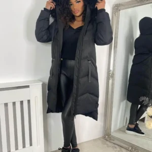 Warm Long Black Fur Hooded Padded Coat