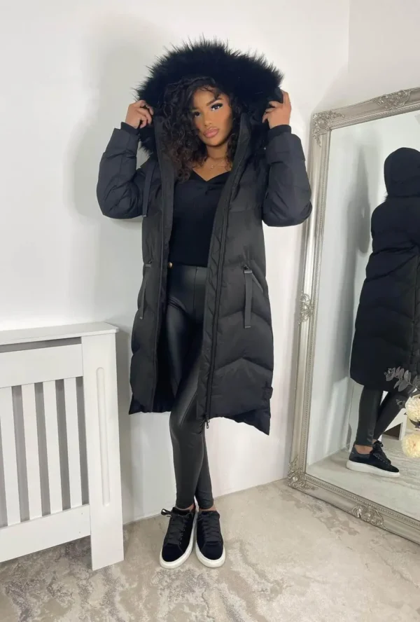 Warm Long Black Fur Hooded Padded Coat