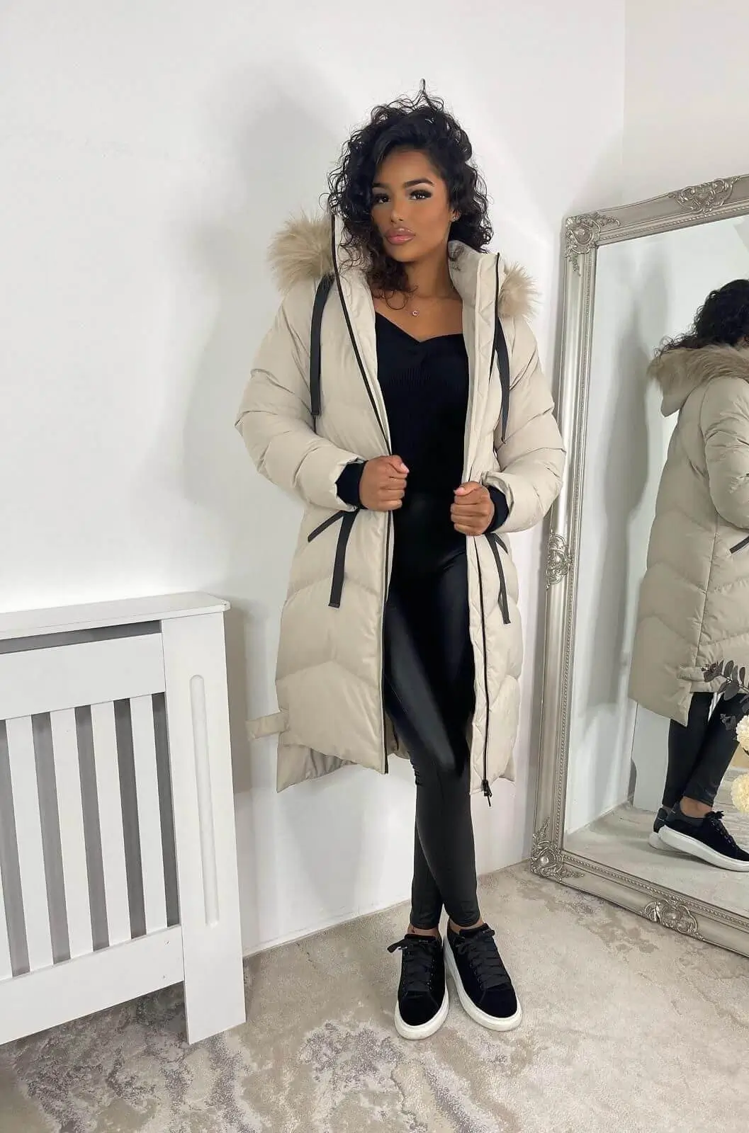 Cozy Long Beige Padded Coat with Fur Hood