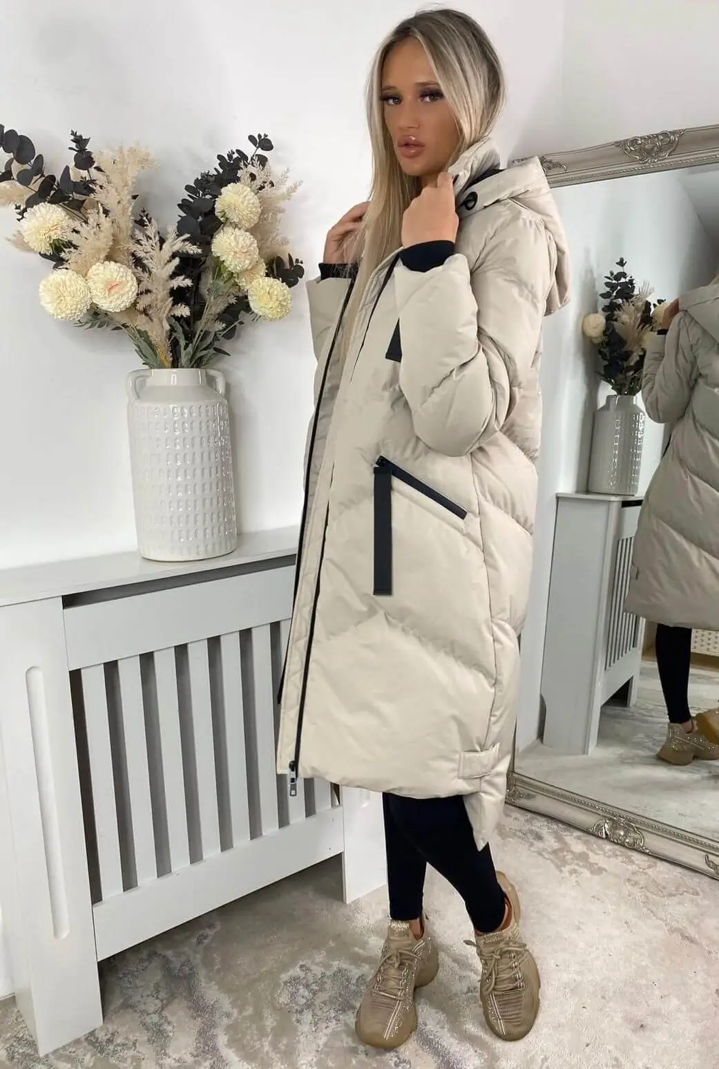 Beige Long Hooded Puffer Coat