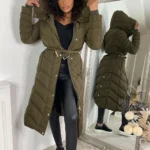 Khaki Belted Coat with Chevron Design and Cozy Fleece Lining