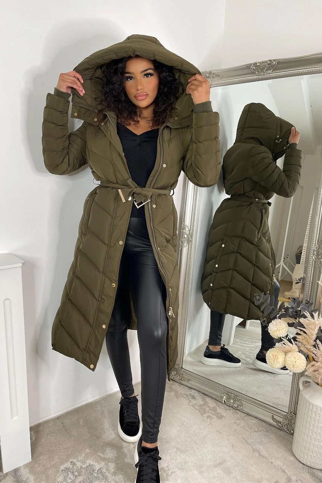 Khaki Belted Coat with Chevron Design and Cozy Fleece Lining
