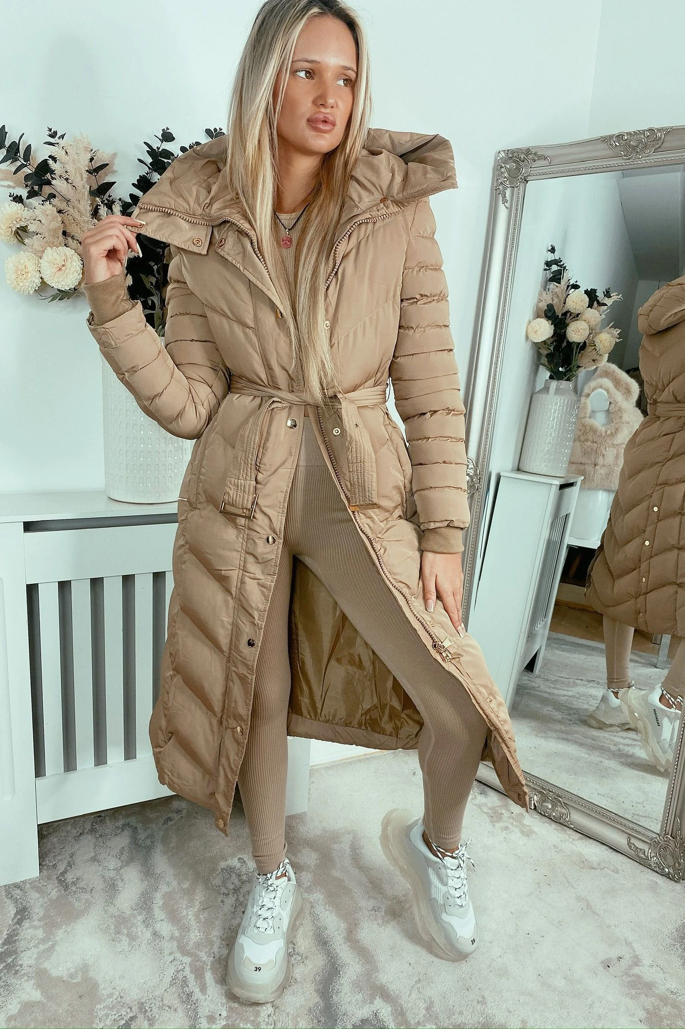 Belted Chevron Hooded Coat in Camel with Warm Fleece Lining
