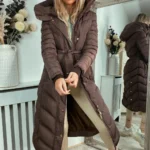 Chevron Belted Hooded Coat in Brown with Fleece Lining