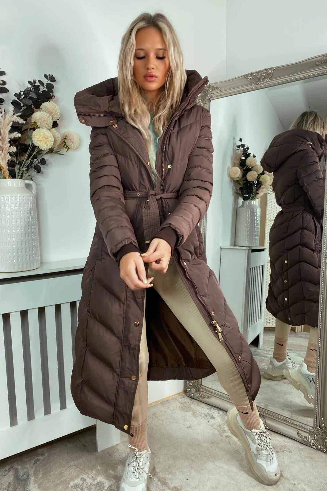 Chevron Belted Hooded Coat in Brown with Fleece Lining
