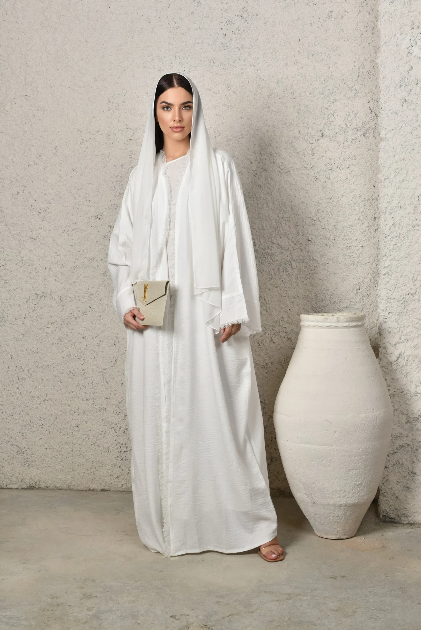 Pearl White Linen Abaya with Matching Hijab