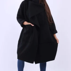 MadeInItalyWrapCowlNeckPlusSizeLagenlookCottonCoat-Black1