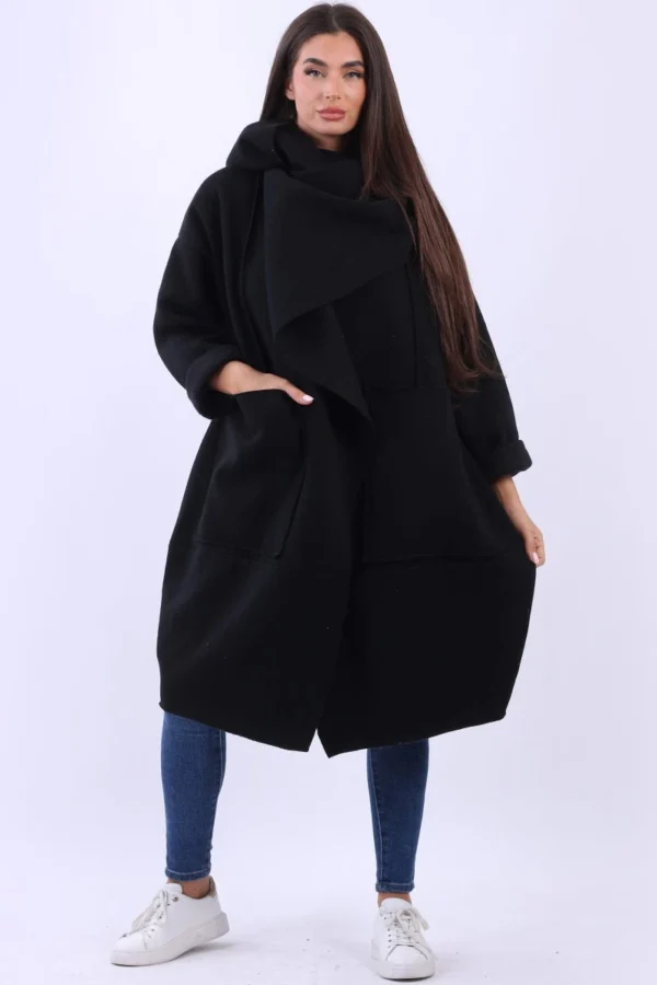 MadeInItalyWrapCowlNeckPlusSizeLagenlookCottonCoat-Black1 Women's Black Wrap Cowl Neck Cotton Coat