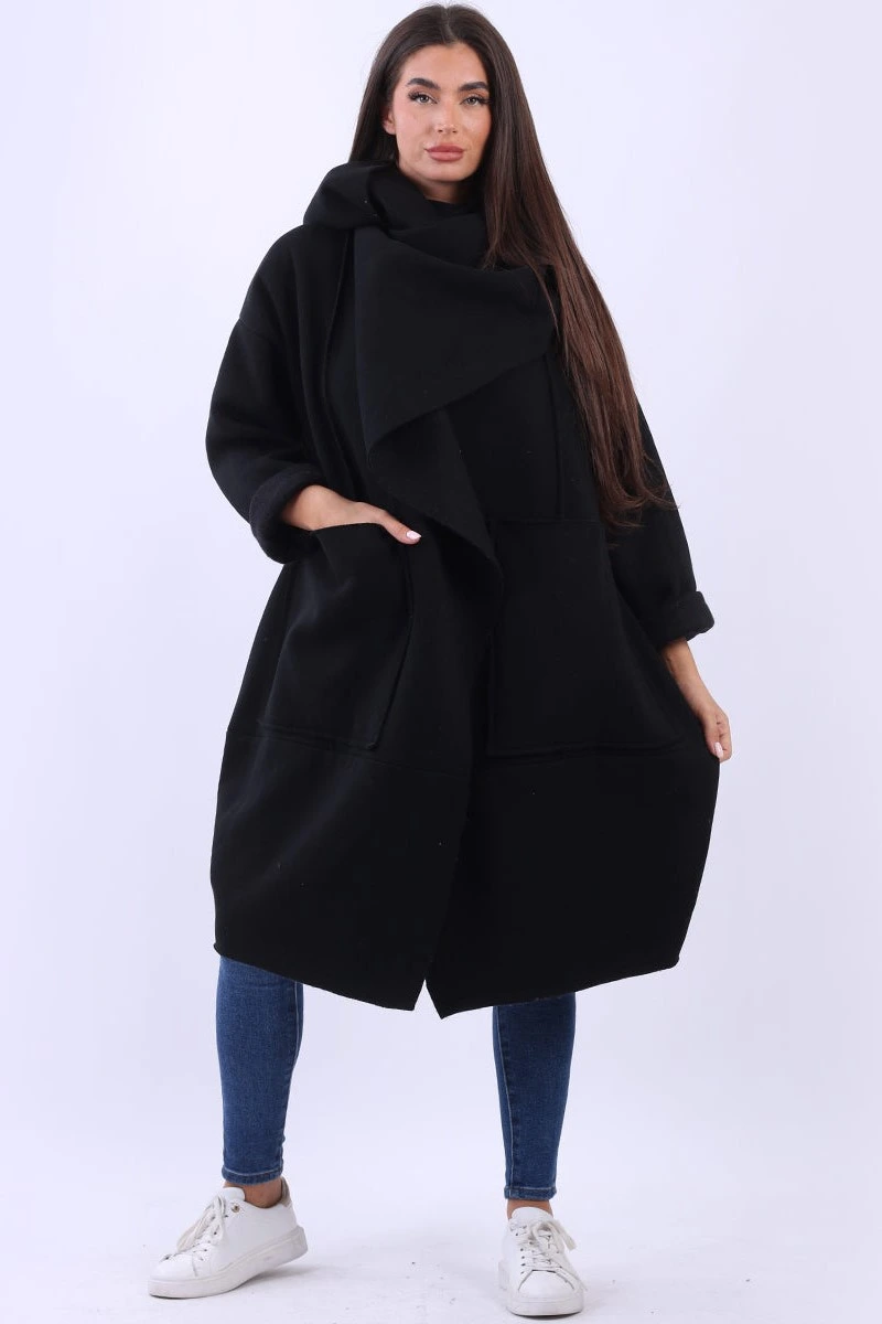 Women's Black Wrap Cowl Neck Cotton Coat