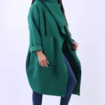 Women's Green Wrap Cowl Neck Cotton Coat