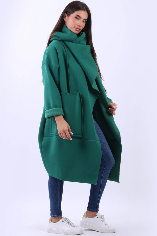 Women's Green Wrap Cowl Neck Cotton Coat