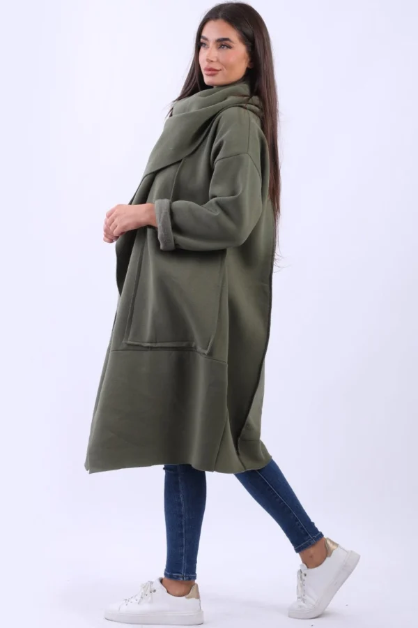 MadeInItalyWrapCowlNeckPlusSizeLagenlookCottonCoat-Khaki3 Women's Khaki Wrap Cowl Neck Cotton Coat