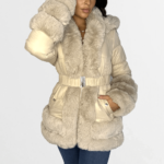 Beige Soft Touch Hooded Faux Fur Elasticated Belt Lined Jacket