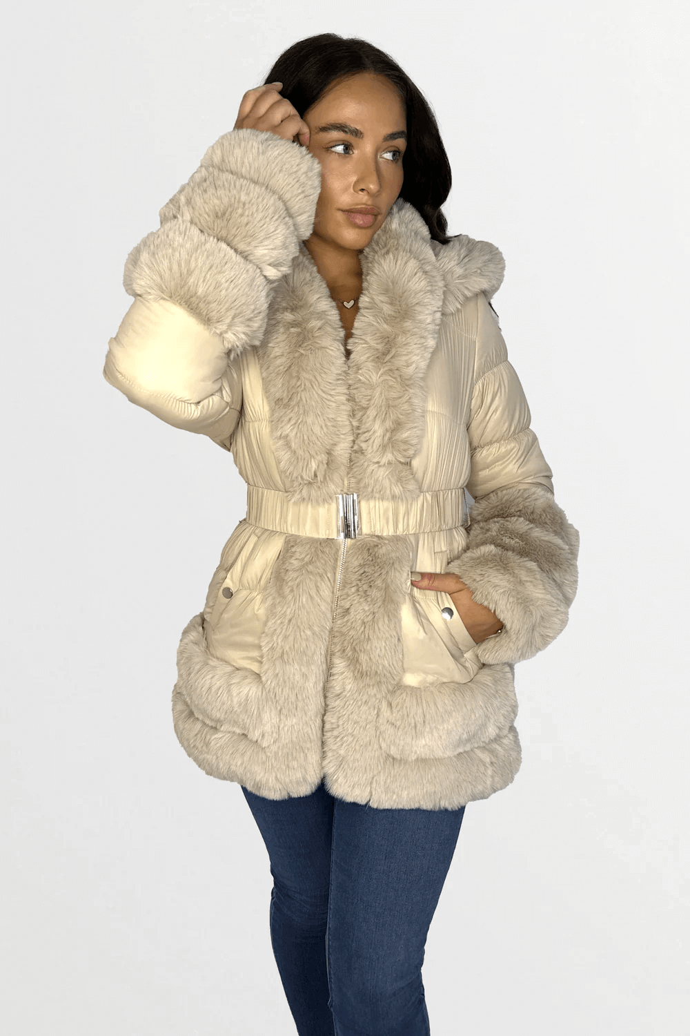 Beige Soft Touch Hooded Faux Fur Elasticated Belt Lined Jacket