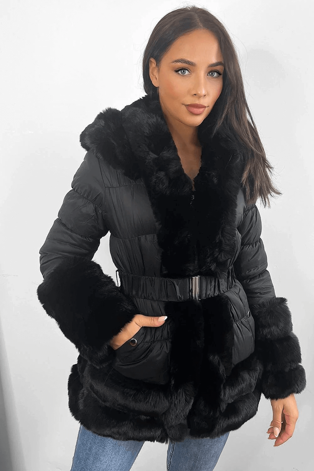 Soft Touch Hooded Faux Fur Elasticated Belt Lined Jacket