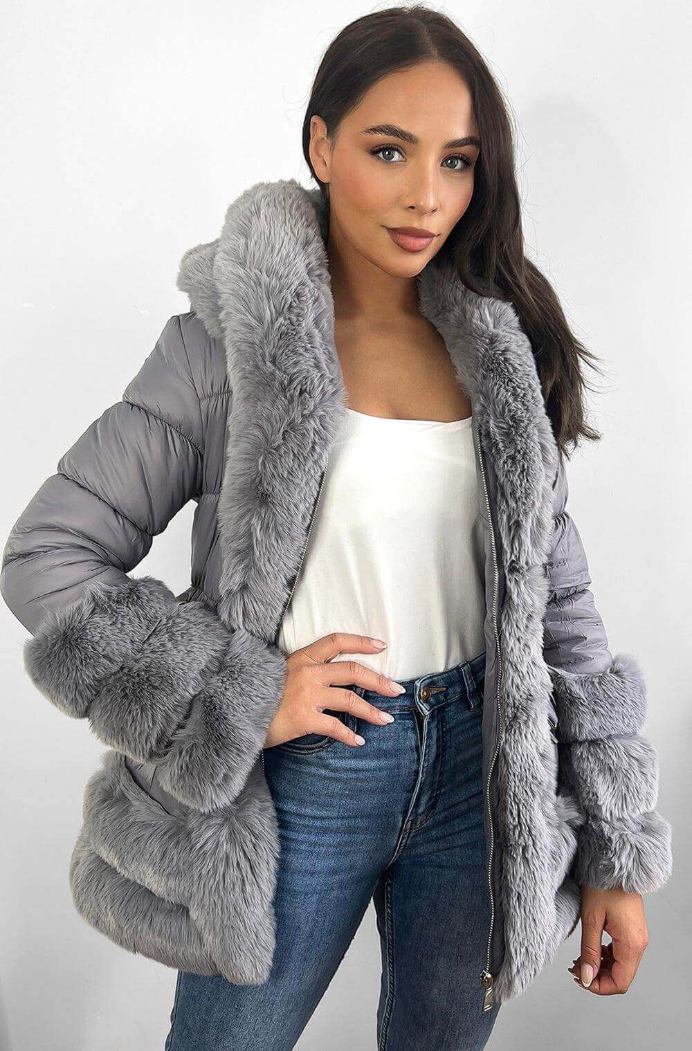 Soft Touch Hooded Faux Fur Elasticated Belt Lined Grey Jacket