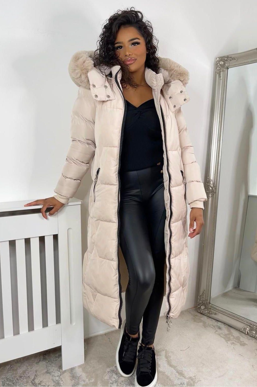Faux Beige Fur Hooded Padded Long Coat