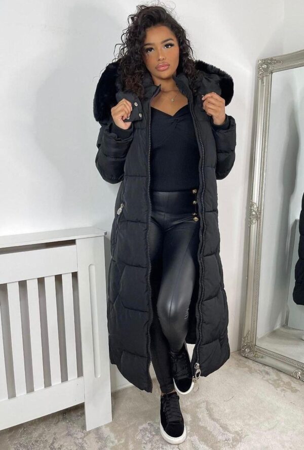 black-long-padded-winter-warm-jacket Faux Fur Hooded Padded Long Coat