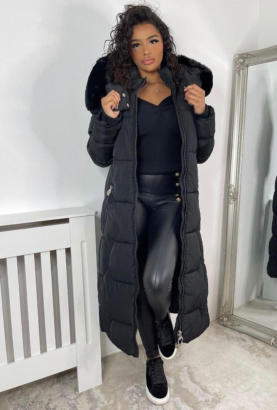 Faux Fur Hooded Padded Long Coat