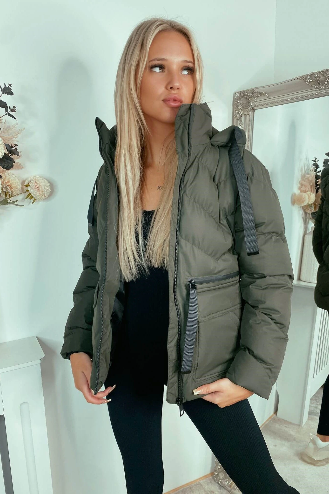 Khaki Puffer Mid Padded Coat with Hood