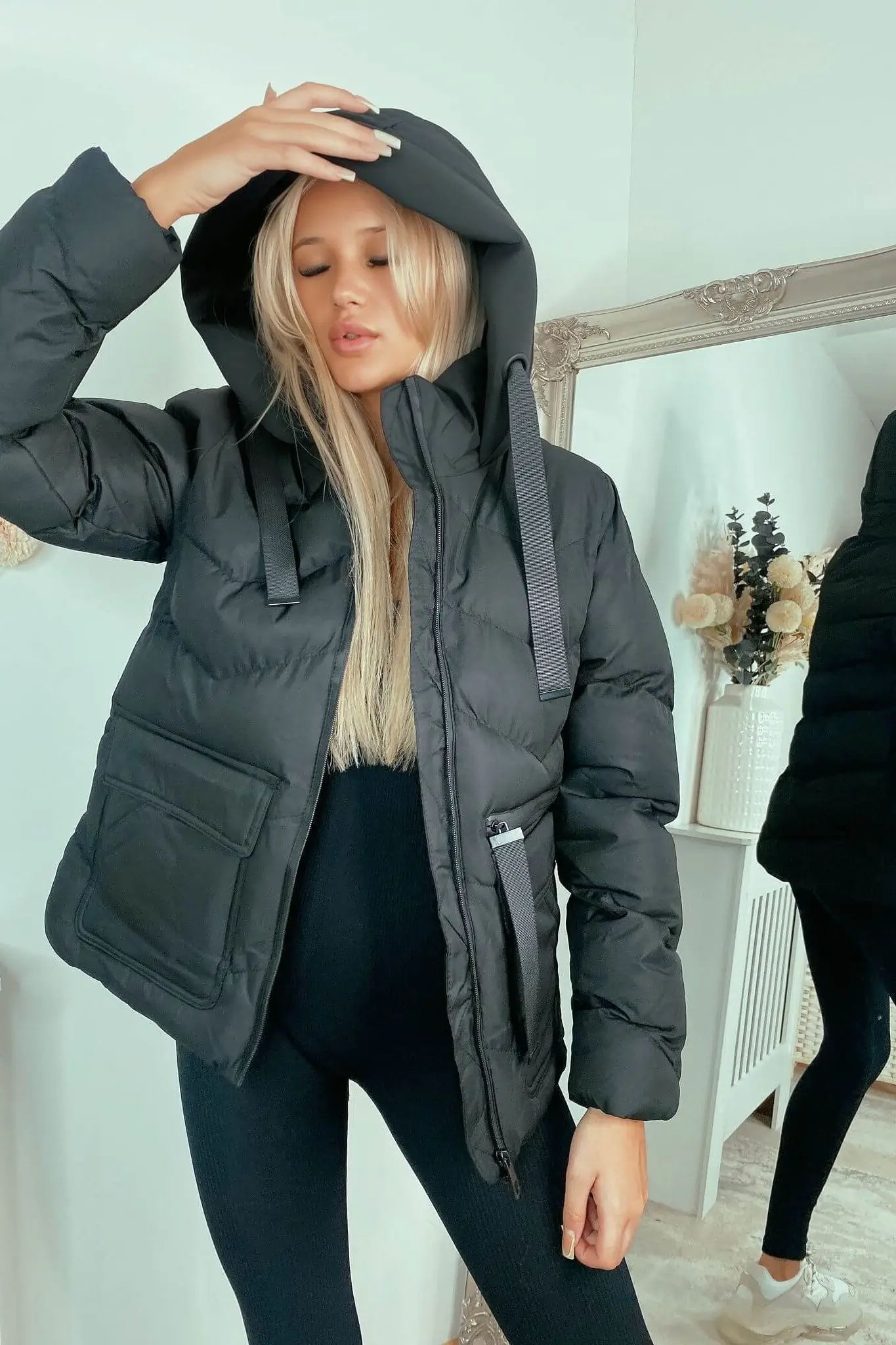 Chic Black Hooded Mid Puffer Coat