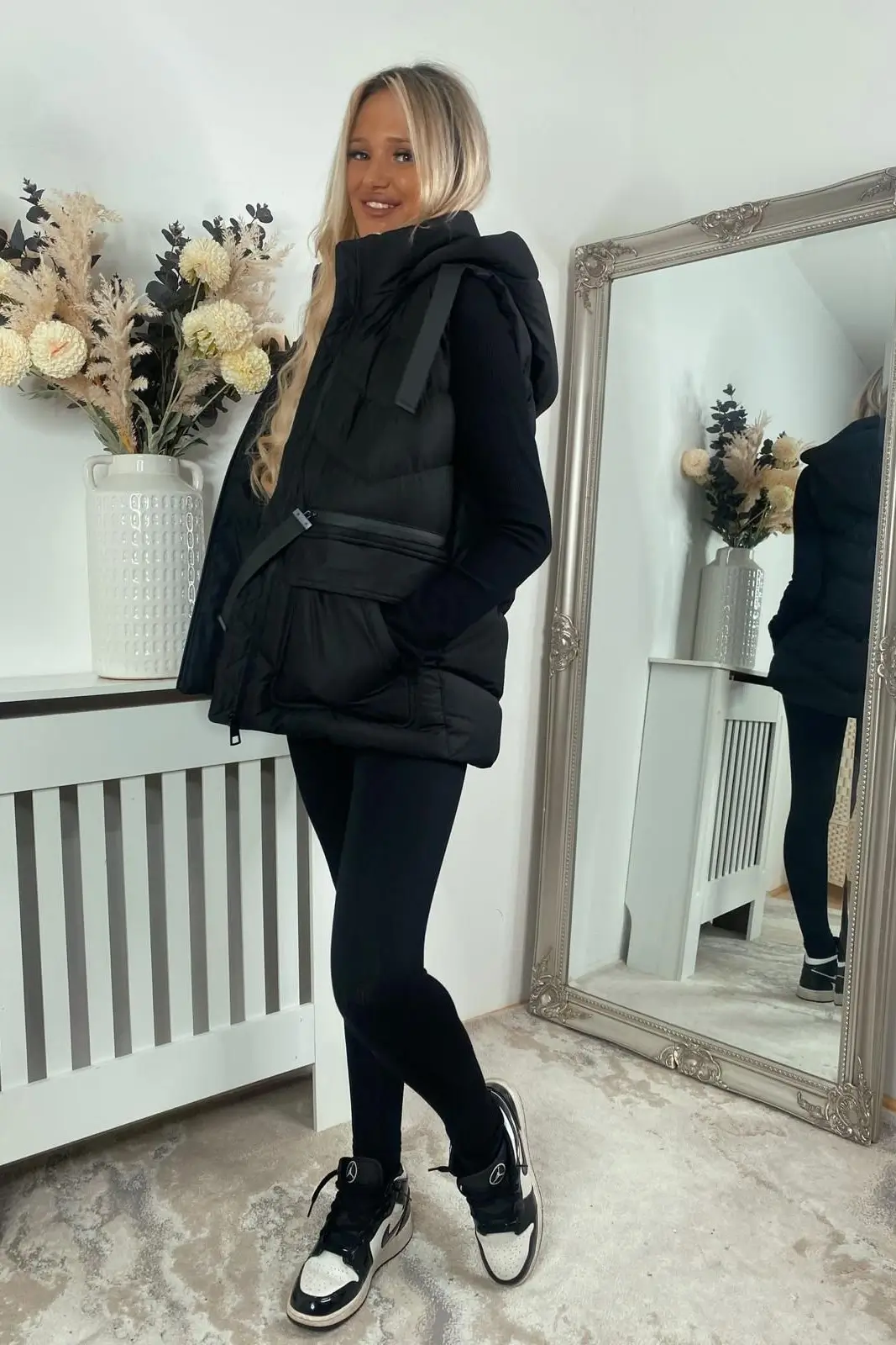 Chic Black Belted Gilet with Hood