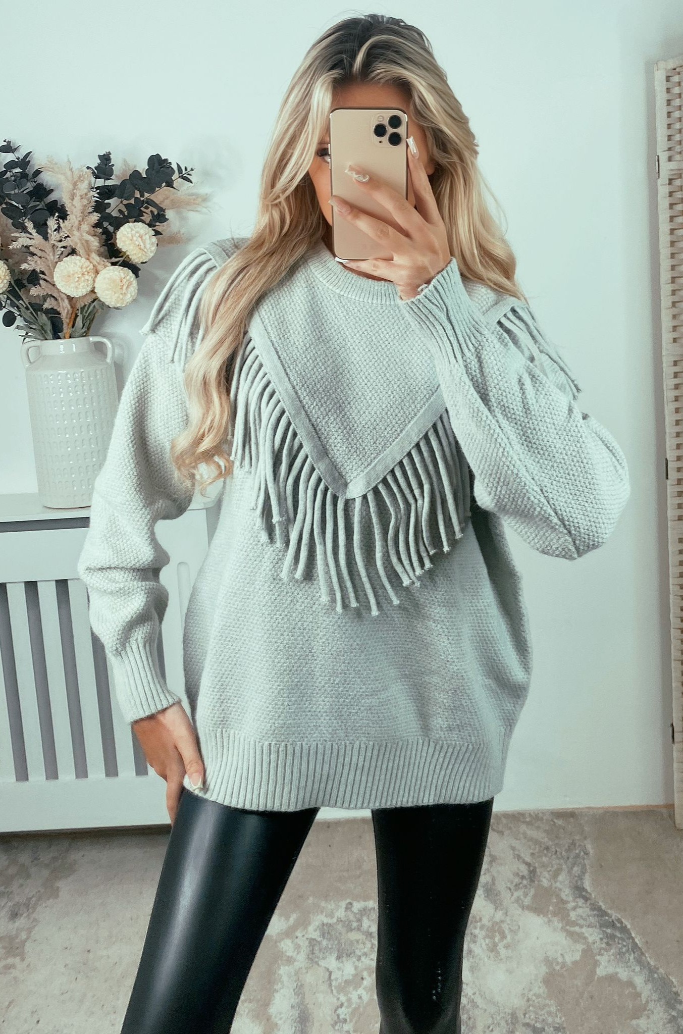 Round Neck Tassel Front Long Sleeve Pullover Sweater