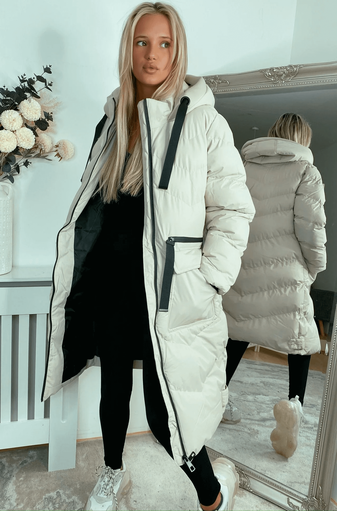 Puffer Padded Maxi Coat & Hood Beige