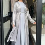 Grey Amal Shimmer Abaya Set with Hijab and Belt