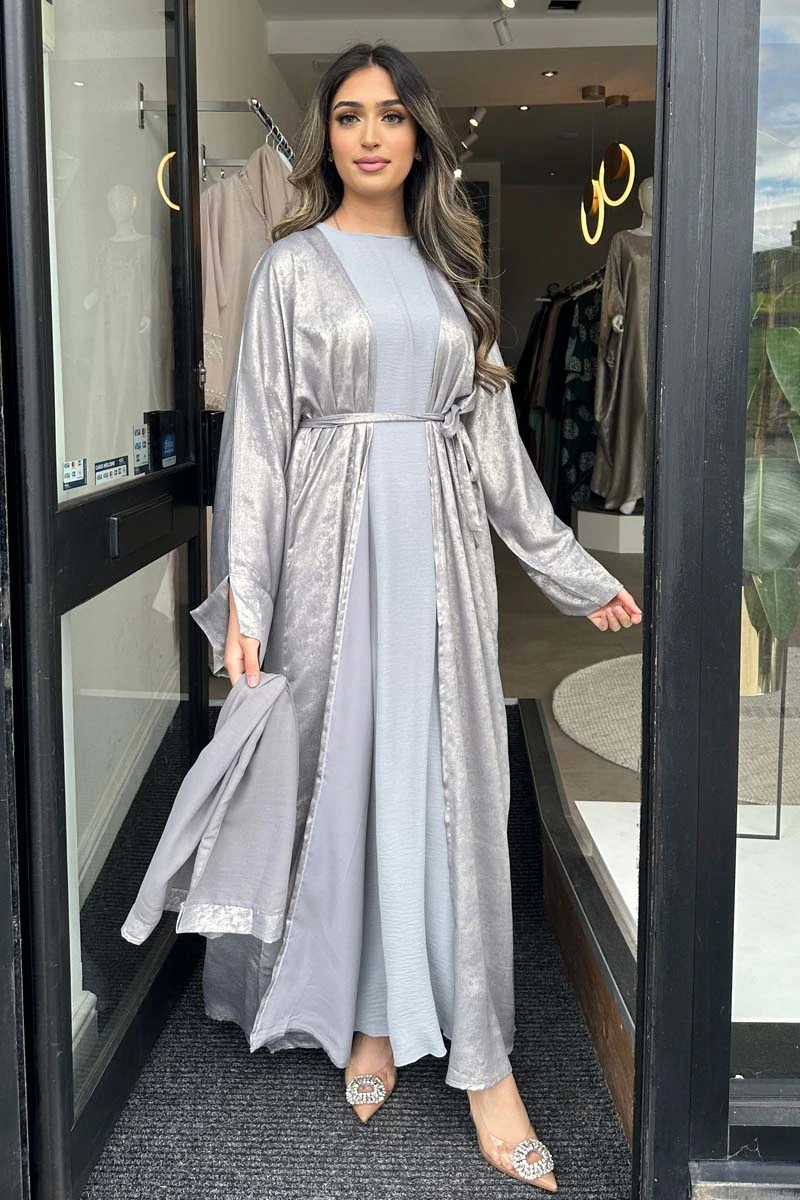 Grey Amal Shimmer Abaya Set with Hijab and Belt