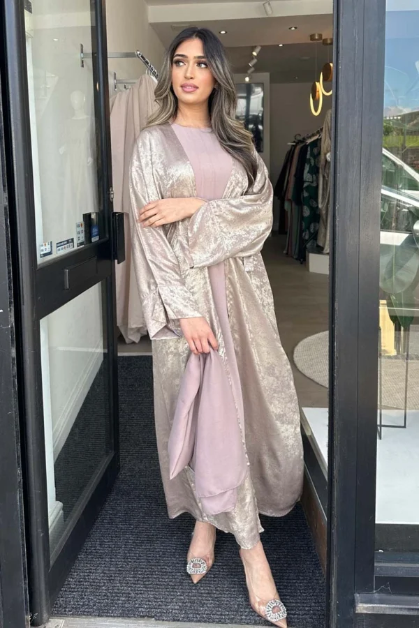 amalpink2 Pink Amal Shimmer Abaya Set with Hijab and Belt