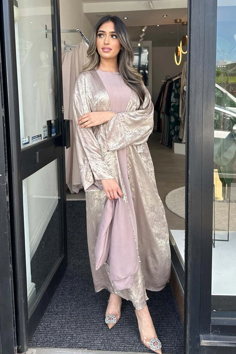 Pink Amal Shimmer Abaya Set with Hijab and Belt