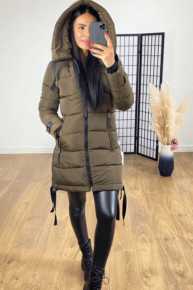 Khaki Hooded Zip Detail Puffer Coat