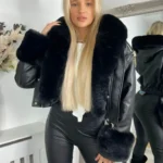 Stylish Black Faux Leather Bomber Jacket