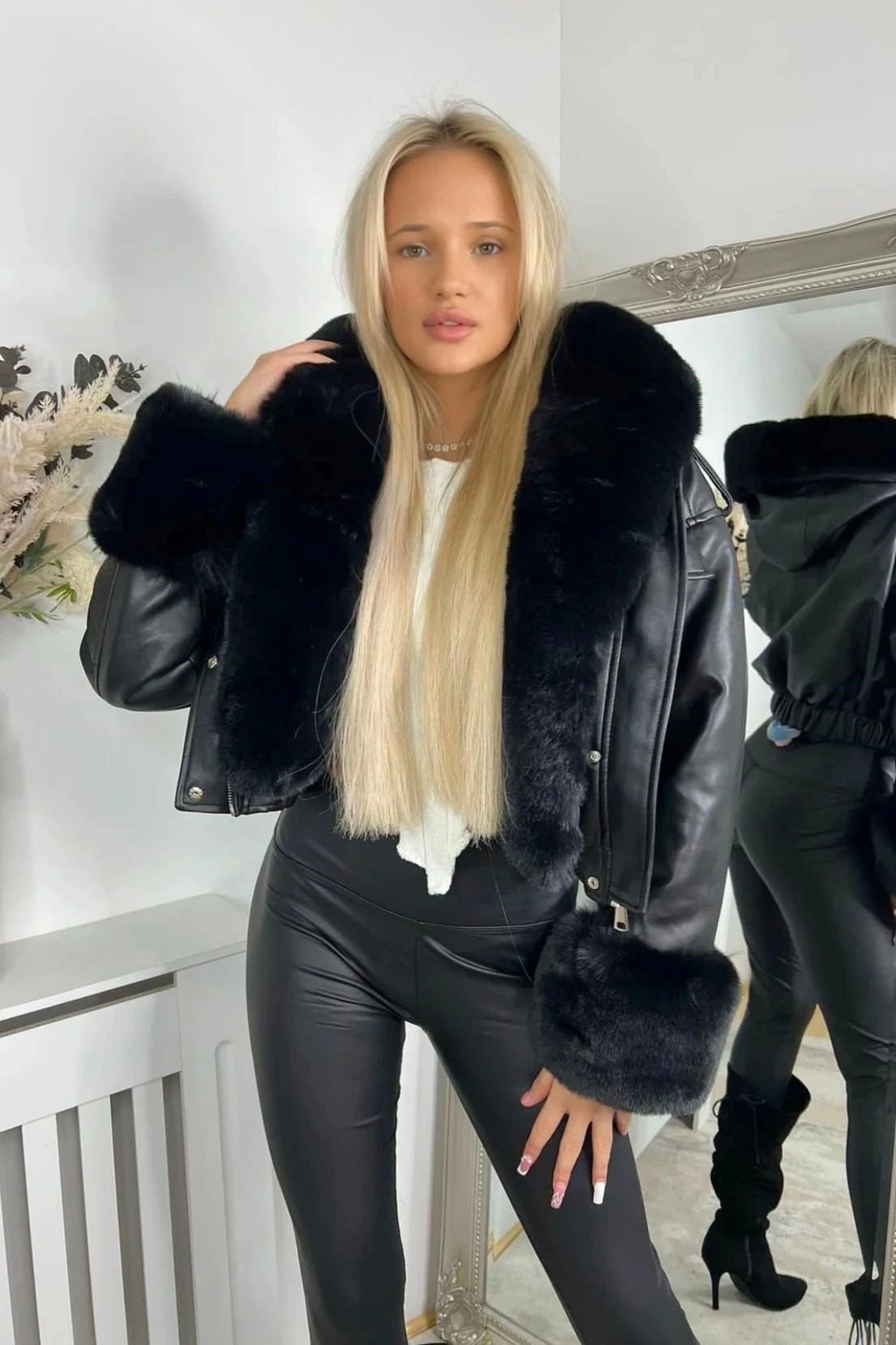 Stylish Black Faux Leather Bomber Jacket