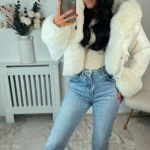 Faux Leather Bomber Jacket with Faux Fur Hood