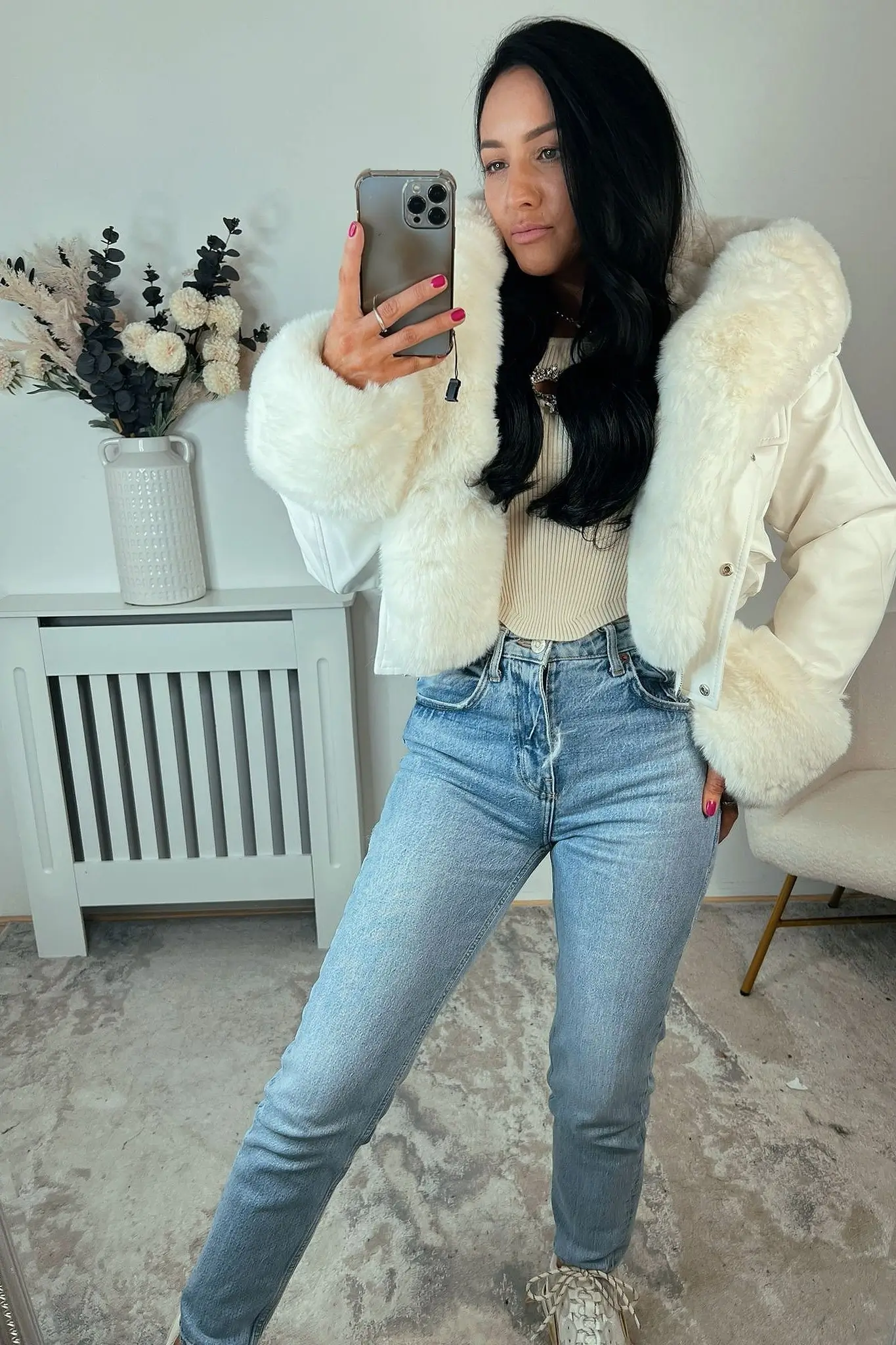 Faux Leather Bomber Jacket with Faux Fur Hood