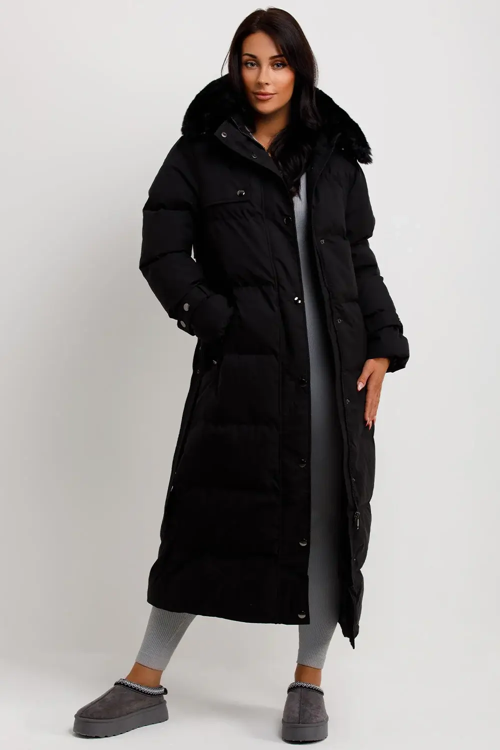 Long Puffer Belted Trench Coat with Hood Black