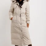 Long Puffer Belted Trench Coat with Hood Beige